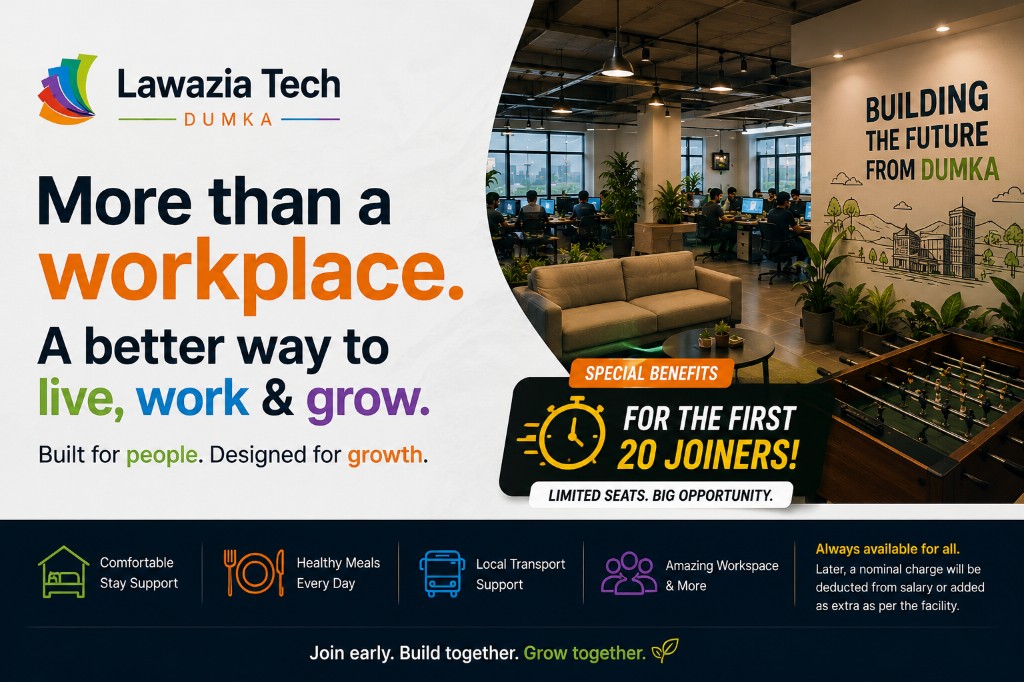 Lawazia Tech Dumka office — lounge, foosball, engineers at work